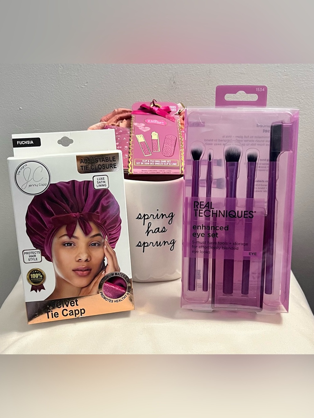 RAE DUNN Mug + Eye Brush Set, Velvet Bonnet & Nail Clip Set (NWT) 4-Piece Set. - Picture 3 of 11